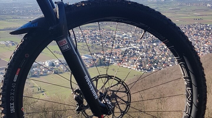 Blick auf Schriesheim durch Vorderrad | © DAV Heidelberg / MTB